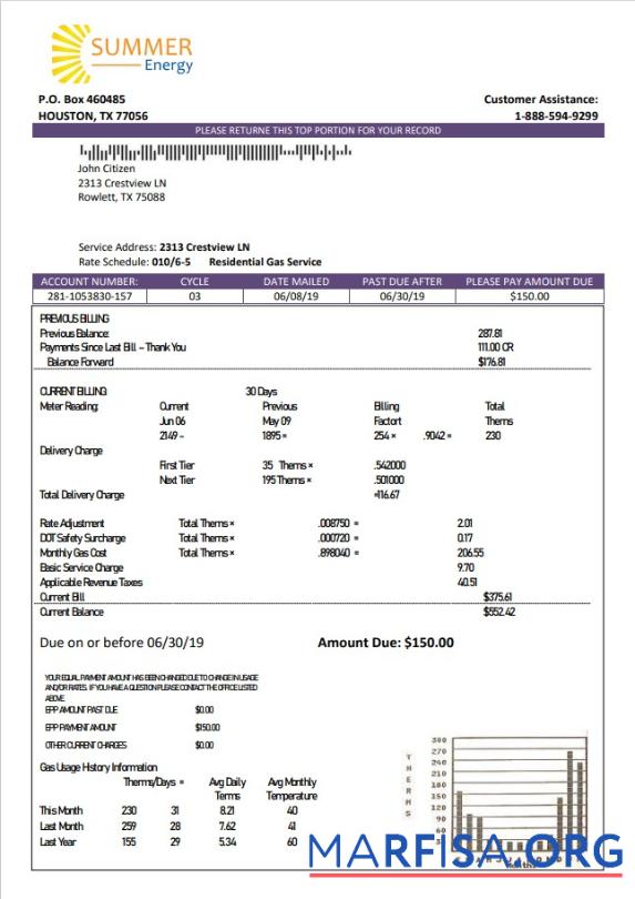Printable USA Texas Summer Energy easy fillable utility bill template in Word and PDF format